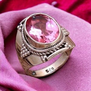 Silver Collegiate Style Pink Tourmaline Ring UNMARKED
